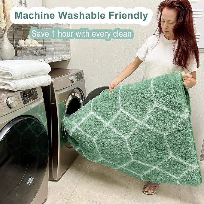 ONASAR Rugs for Living Room Bedroom, 5x8 Washable Fluffy Sage Green and White Area Rug, Geometric Boho Soft Plush Shaggy Floor Carpets for Nursery Kids Girls Boys Teen Dorm Home Decor Aesthetic