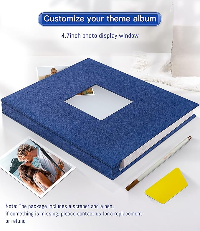 popotop Photo Album Self Adhesive with Picture Display Window,60 Pages DIY Scrapbooking Supplies Kit for 4x6 10x12 Picture,Linen Cover Memory Book for Baby Wedding, with Scraper and Metallic Pen