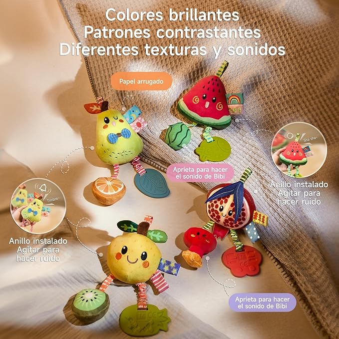 TUMAMA Hanging Toys for Baby Gym, 4 Pack Fruit Crib Stroller Baby Gym Mobile Plush Toys with Teether, Hanging Rattle Toys, Car Seat Toys for Babies 0-6 Months Boy