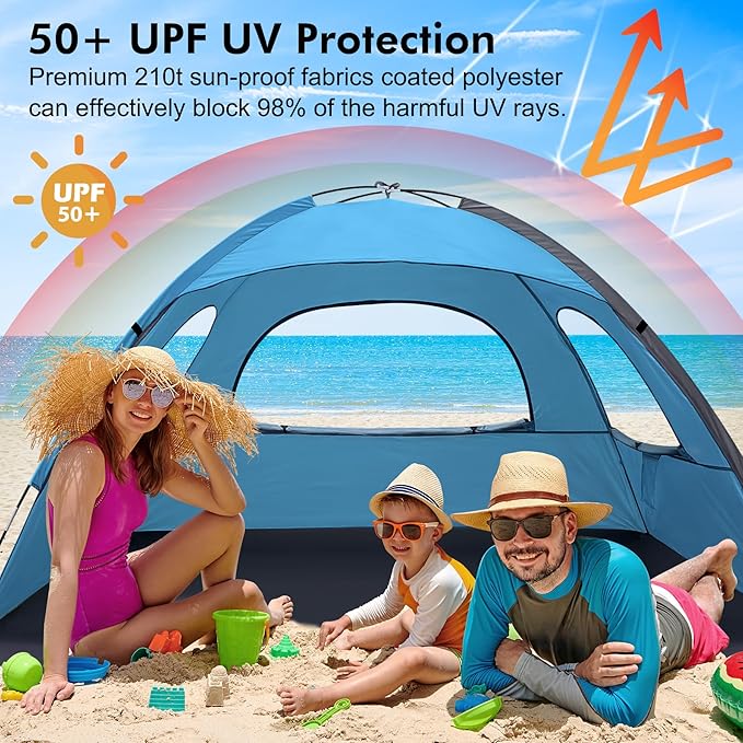 WhiteFang Beach Tent Anti-UV Portable Sun Shade Shelter for 3/4/6/8 Person, Extendable Floor with 3 Ventilating Mesh Windows Plus Carrying Bag, Stakes and Guy Lines