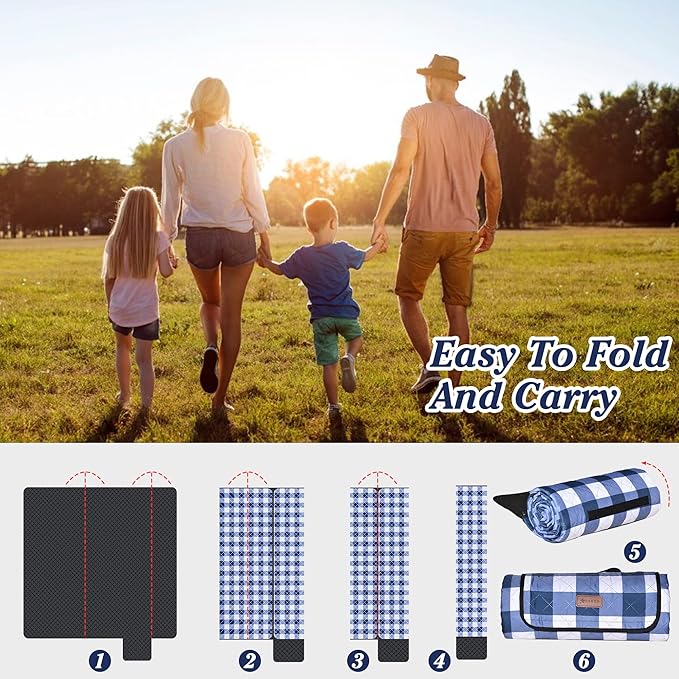 HX&OD Outdoor Picnic Blanket, Extra Large, 80''x60'' Waterproof Foldable Blankets Gingham Picnic Mat for Beach, Camping Grass Lawn Park Accessories Cute Couple Ideas Wedding (Blue, 80”x60”)