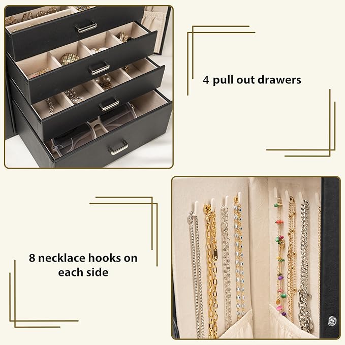 AKOZLIN 5-Tier Jewelry Box Lockable Leather Jewelry Storage Case with 4 Drawers for Women Girls Ring Necklace Earring Bracelet Watches Holder Organizer with Mirror