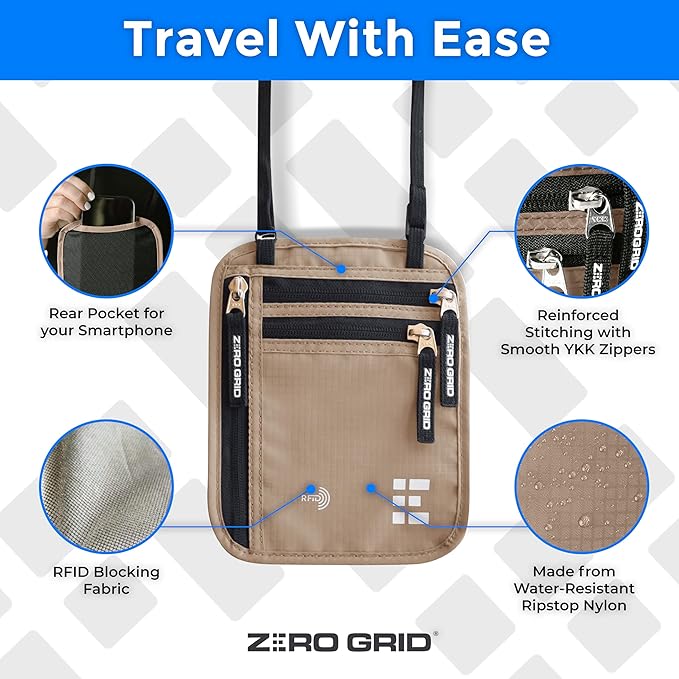 Neck Wallet for Travel & Passport Holder with RFID Blocking - Slim & Easy to Conceal Nylon Travel Pouch for men & women - Holds Phone, Cash, Cards, Keys - Sweat & Water Resistant - Large - Desert Sand
