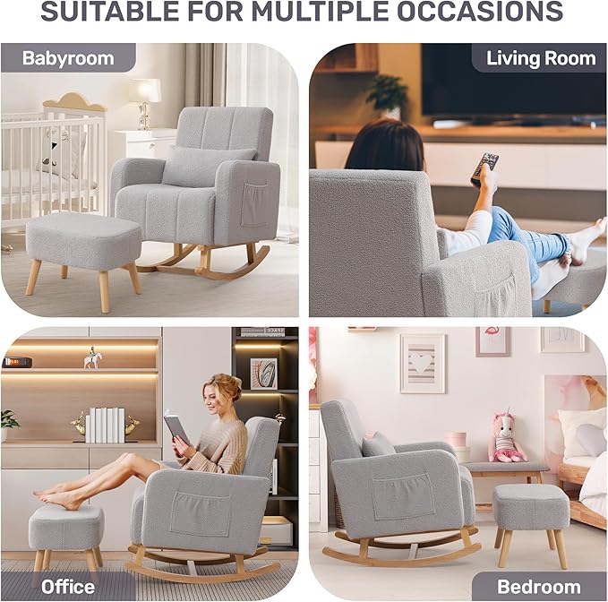 Rocking Chair with Ottoman, Upholstered Nursing Glider Rocker with High Backrest and Side Pocket, Comfy Reading Chair with Solid Wood Legs for Nursery/Living Room/Bedroom Light Grey