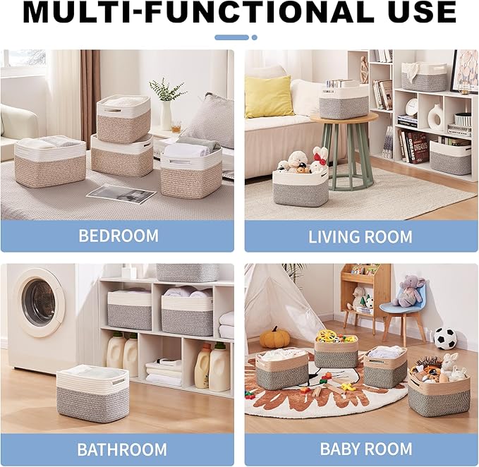 OIAHOMY 4 Pack Storage Baskets for Organizing, Basket for Shelves with Handle, Woven Baskets for Storage Toys, Towels, Books, Cotton Rope Basket 13" L x 9 " W x 7.8 " H, Brown & Black