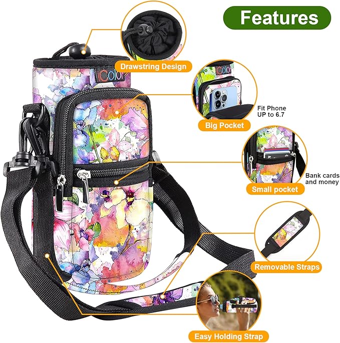 icolor Water Bottle Carrier Bag with Strap 25/32/40 oz Crossbody Bottle Holder with Phone Pocket Sling Sleeve Insulated Neoprene Water Bottle Pouch for Walking Travelling