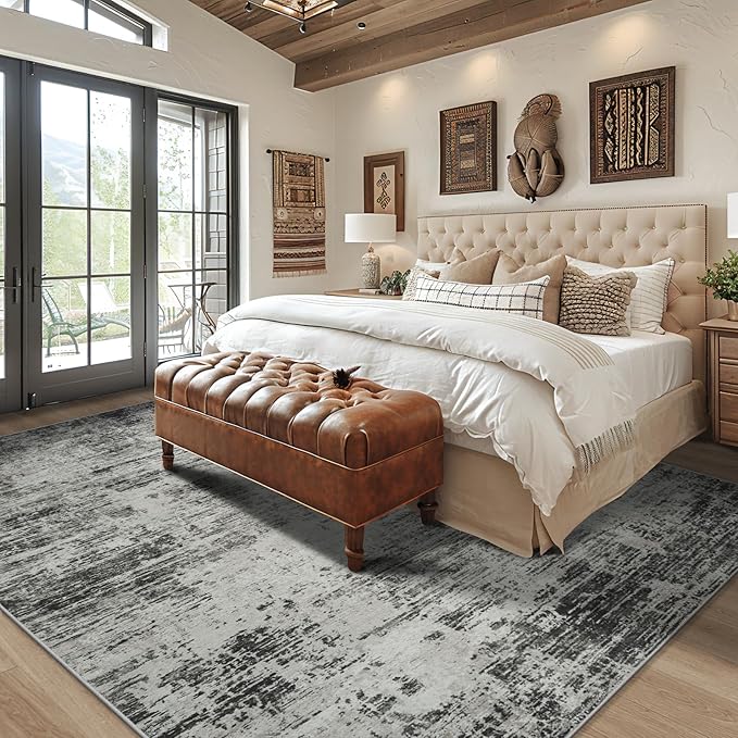 Washable Rug 6x9 Area Rugs, Abstract Washable Rugs with Non-Slip Backing, Stain Resistant Indoor Floor Carpet for Bedroom Dining Room Table Nursery Hallway Home Office-Black/Gray