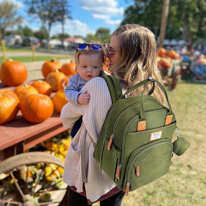 RUVALINO Diaper Bag Backpack-Expandable Baby Bag with up to 50% Capacity -Baby Essentials Bag with Changing Pad Insulated Bottle Holders & Pacifier Case, Waterproof, Army Green XL