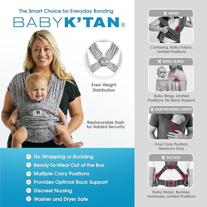 Baby K'tan Baby Wrap Carrier - Pre Wrapped and Simple as 1-2-3, Pillowy Soft, Slip On - Not Like Any Newborn Sling, No Rings, No Tying, No Buckles - Original Sweetheart Grey (Large)