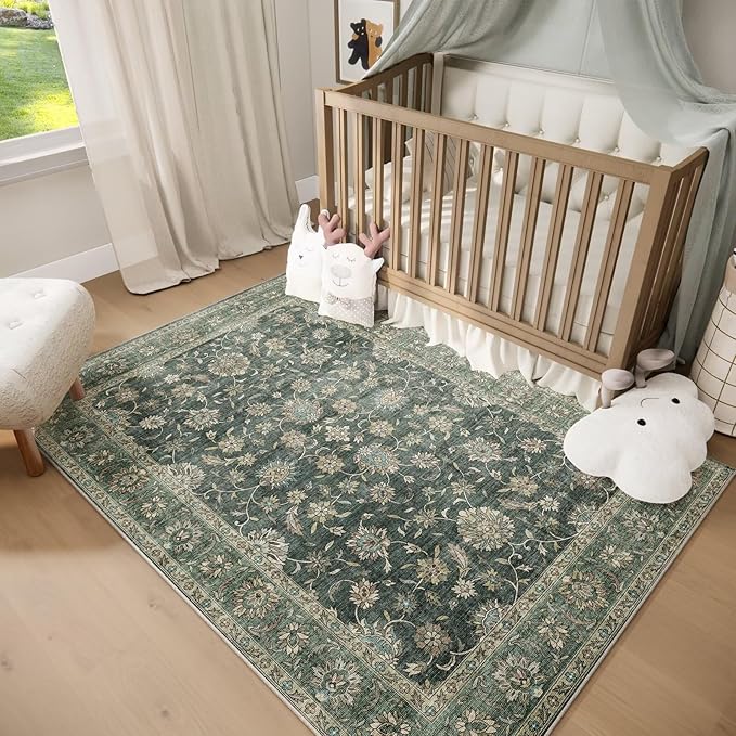 Washable 5x7 Area Rugs for Living Room, Boho Non-Slip Silicone Backing Rugs for Bedroom Dining Room Nursery Office, 0.3" Neutral Oriental Throw Carpet with 0.16" Cushioning Pad, Sage Green/Multi