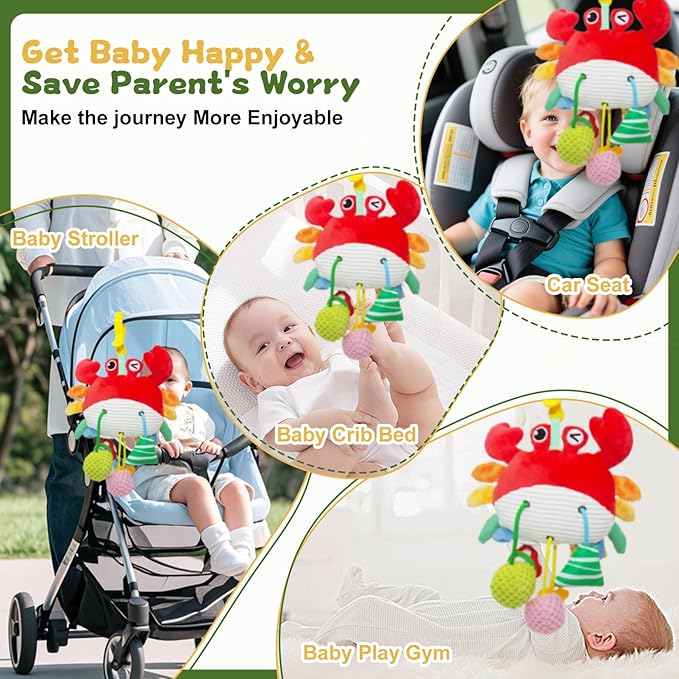 Red Crab Baby Toy - Clip-On Hanging Sensory Toy for Car Seat, Stroller, Gym with Squeaker, Crinkle, Rattle, Mirror & Teether | Soft Plush 0-12 Months Infant Developmental Toy for Tummy Time (Red)