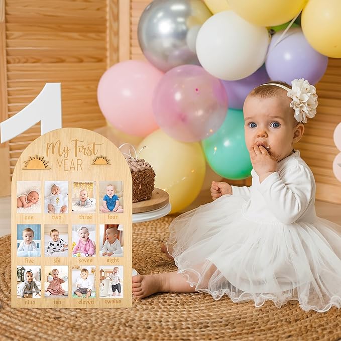 R HORSE My First Year Photo Display Wood Board, 3D Boho Sun Baby's First Year Picture Frame 12 Months Milestone Board Neutral Baby Keepsake Birthday Nursery Decor Gift for Boy Girl