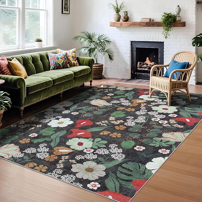 Area Rug Living Room Rugs: 6x9 Washable Rug Vintage Floral Soft Boho Non Slip Carpet Indoor Floor Non Shedding Low Pile Thin Carpets for Bedroom Dining Room Farmhouse Nursery Home Office Green