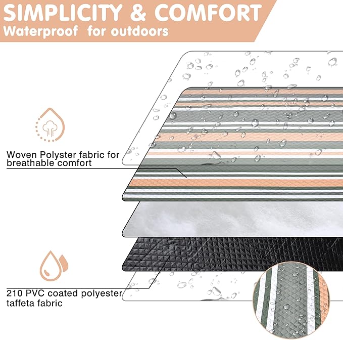 Waterproof Picnic Blanket 80" x 60" in Portable with Carry Strap for Beach Mat or Family Outdoor Camping Party, Park Blanket for Grass Park Hiking Travel, Concerts (Dark Green&White&Orange, 80" x 60")