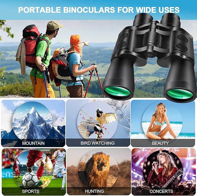 PISEZ 20X50 Binoculars for Adults High Powered with Low Light Vision，Compact Large View Waterproof Binoculars for Bird Watching Hunting Concert Traveling Theater Opera Sightseeing