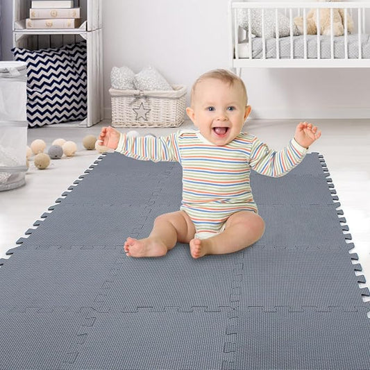 XMTMMD Soft Non-Toxic Foam Baby Play Mat | Toddler Playmat | EVA Foam Interlocking Tiles for Gym, Nursery, Playroom | 18 Squares Foam Floor Mats for Kids & Babies | Gray Jigsaw Puzzle Play Mat