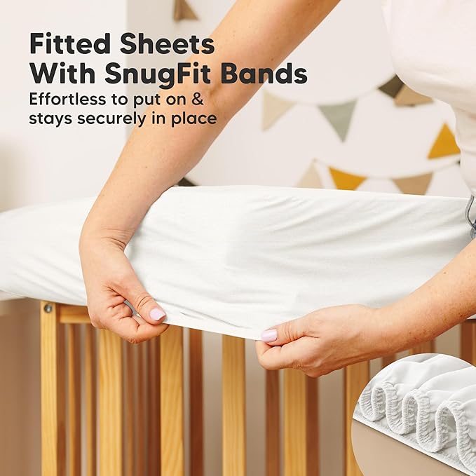 Waterproof Crib Mattress Protector Cover Fitted - 2-Pack Quiet Baby Crib Mattress Pad Sheets, 52" x 28" Soft Quilted Cotton Baby Sheet, Machine Washable, Easy Fit, Durable(Soft White/Mavy)