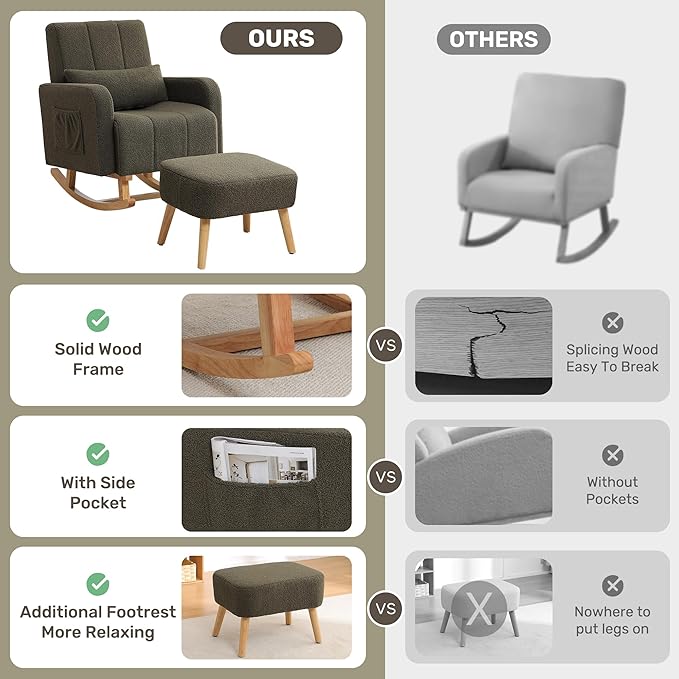 Rocking Chair with Ottoman, Upholstered Nursing Glider Rocker with High Backrest and Side Pocket, Comfy Reading Chair with Solid Wood Legs for Nursery/Living Room/Bedroom Green