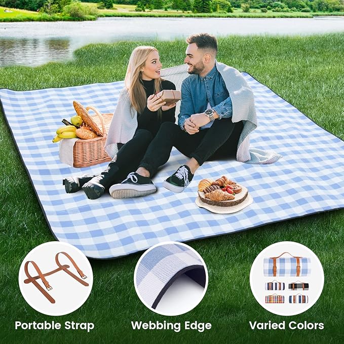 sapsisel 80”x 80” Picnic Blanket Extra Large, Waterproof and Foldable Beach Blanket, 3-Layer Outdoor Blanket for 6 to 8 Adults, for Camping, Park, Beach, Grass, Indoors…