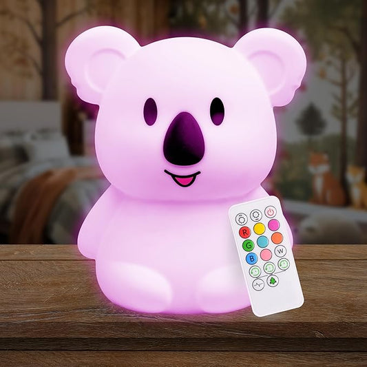 Lumipets Remote Control Silicone Night Light for Kids - Koala Design with 9 Soft Colors & Sleep Timer - Rechargeable, Battery-Operated Lamp for Bedroom | Baby Nursery, Toddler, Girls, Boys