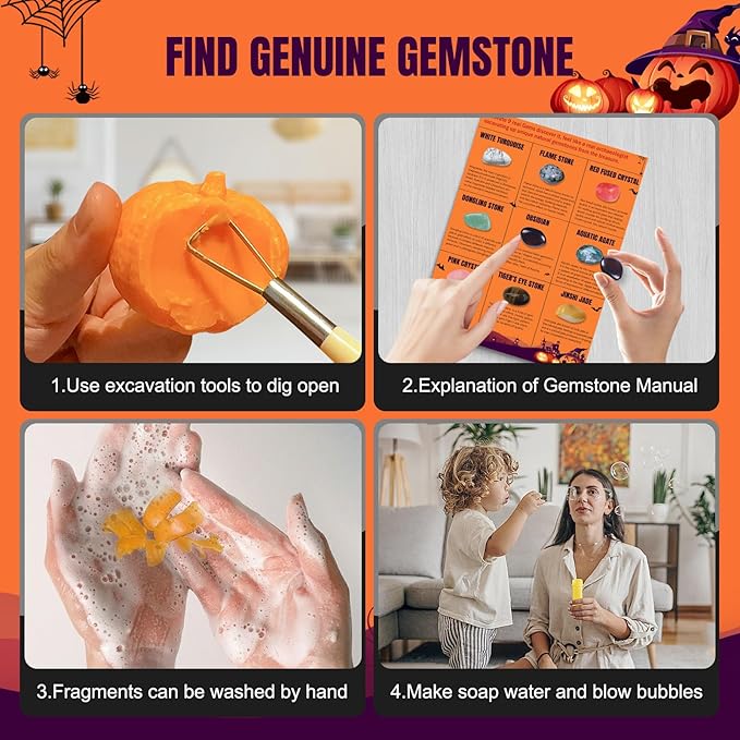 Thanksgiving Gifts for Kids, 3 Pumpkin Orange Bath Soap with Gemstone Inside Dig It Up Kit Halloween Toys Boys Girls Ages 4-5-6-7-8-12 Explore Mining Discover Science Gems Crystal