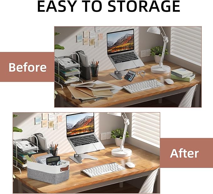 DULLEMELO Storage Baskets for Shelves, Small Fabric Storage Bins with Handles, Decorative Foldable closet storage baskets for organizing shelves(White&Grey, 2 Pack)