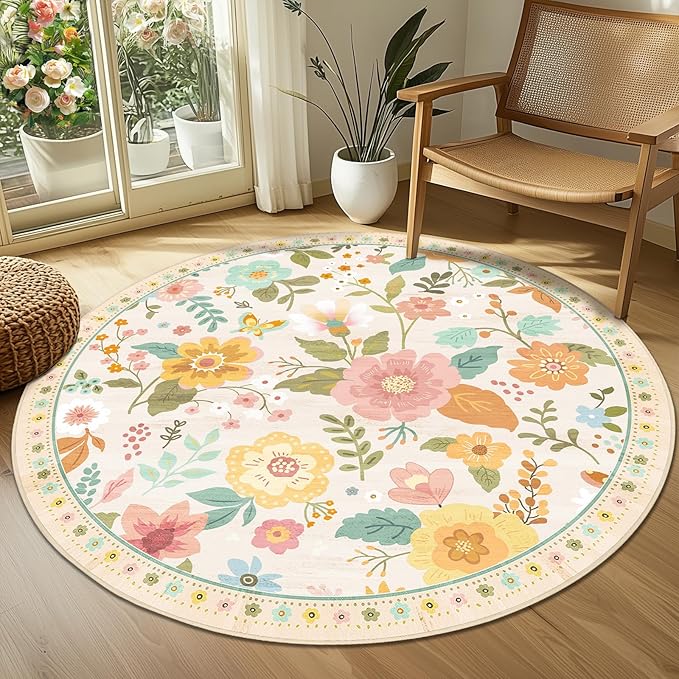 Floral 4ft Area Rug Machine Washable Soft Print Boho Carpet Non Slip Doormat Low Pile Flower Area Rugs for Living Room Bedroom Nursery Kitchen Dining Room Indoor-Beige/White/Orange