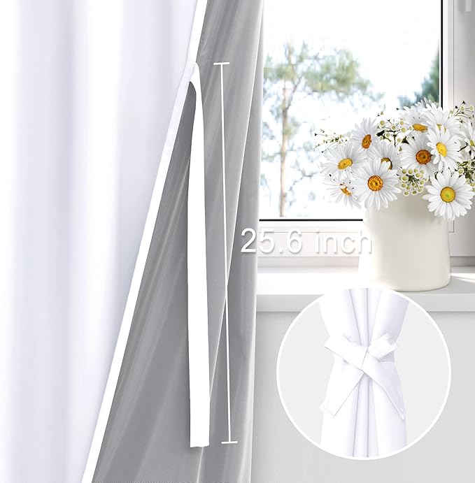 XWZO White 100% Blackout Curtains with Tiebacks- 2 Thick Layers Completely Shaded Rod Pocket Window Treatment Thermal Insulated Lined Drapes for Bedroom/Laundry, White, W42 x L45, Set of 2 Panels