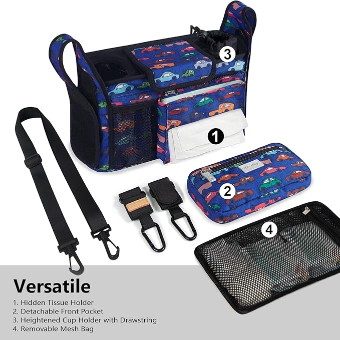 TOPDesign Universal Baby Stroller Organizer, Stroller Caddy with Detachable Mesh Bag & Heightened Insulated Cup Holders & Non-Slip Secure Hooks Accessories, Fits Most Strollers (Cars)