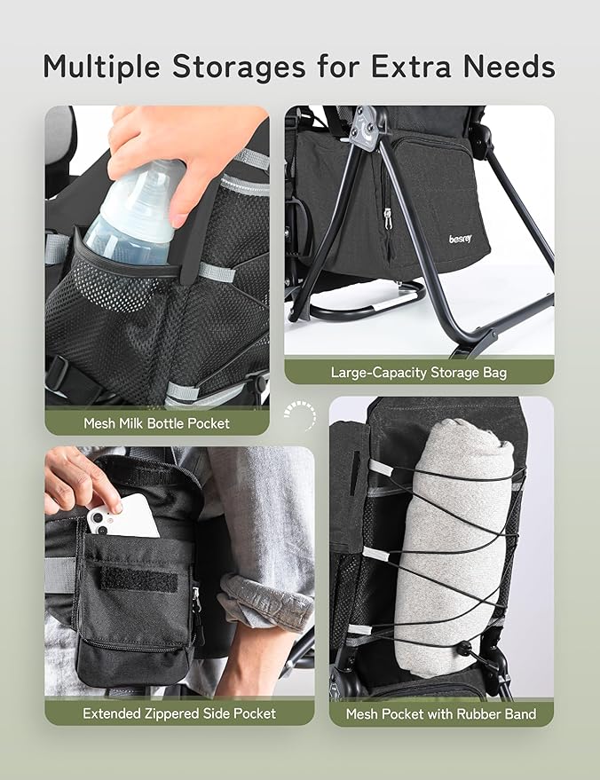 besrey Baby Backpack Carrier, Toddler Hiking Backpack with Safety 3-Height Seat, Adjustable Straps&Waist Belt, Foldable Frame Lightweight Large Capacity Child Carrier for Hiking (Black)