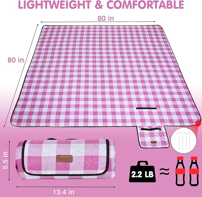 HX&OD Outdoor Picnic Blanket, Extra Large, 80''x80'' Waterproof Foldable Blankets Gingham Picnic Mat for Beach, Camping Grass Lawn Park Accessories Cute Couple Ideas Wedding (Pink, 80”x80”)