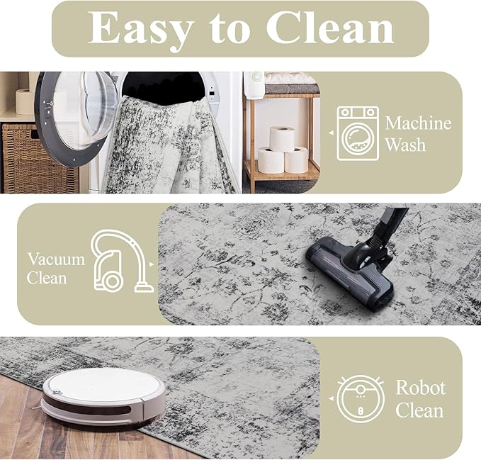 Washable Rugs 5x7 Area Rugs for Living Room, Thin Carpet for Bedroom, Soft Faux Wool Retro Dining Room Rug，Non Slip&Non-Shedding Resistant Low Pile Vintage Print Rug for Home Office (White/Grey)