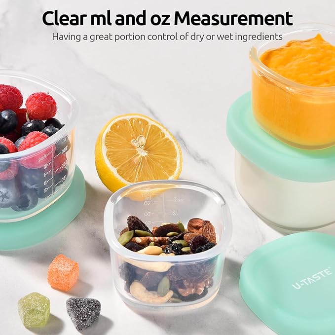 U-Taste 3oz 6oz Small Storage Containers: Food Grade Liquid-Silicone Freezer Box with Airtight Lid, Microwave Safe with Clear Measurements, Reusable for Meal Prepping Portion (Set of 4, Aqua Sky)
