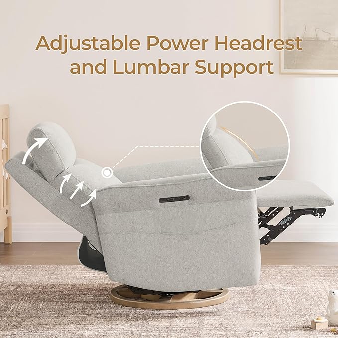CHITA Power Recliner Chair, Electric Triple-Motor Swivel Glider Nursery Rocking Chair with Adjustable Power Headrest and Lumbar Support, GREENGARD Gold Certified, Solid Wood Base, Crockery Grey