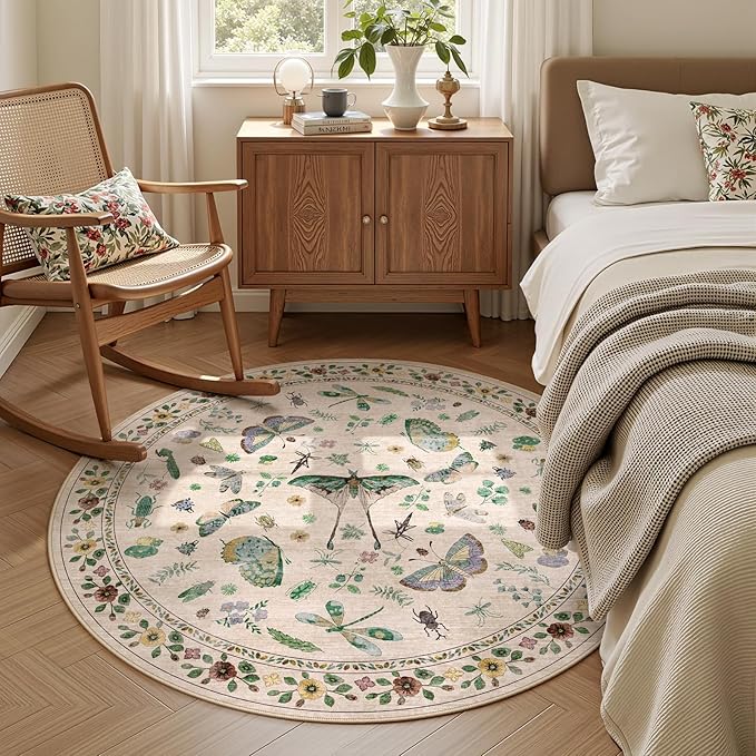 4ft Washable Round Rug - Bug Rugs for Living Room Non-Slip Low Pile Soft Ultra-Thin Machine Washable Circle Carpet for Bedroom, Entryway, Nursery, Kitchen, Home Office (4' Round Beige)