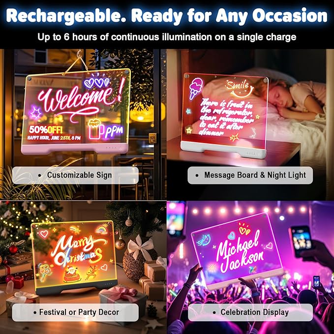 16-Inch Rechargeable Doodle Glow LED Note Board, 7-Color Light Modes, Neon Art Dry Erase Light Up Drawing Pad with Built-in Stand, Sketching Gift Toy for Kids/Girls/Teens, 5 Markers & Tracing Book