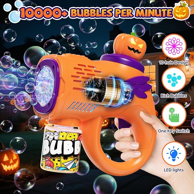 Halloween Bubble Machine Gun for Kids: 2 Pack Automatic Bubble Maker Blaster Toys with LED Lights, 10 Refill Solutions, Pumpkin & Ghost Bubble Blower for Halloween, Party Favor, Toddlers 3-8 Gifts
