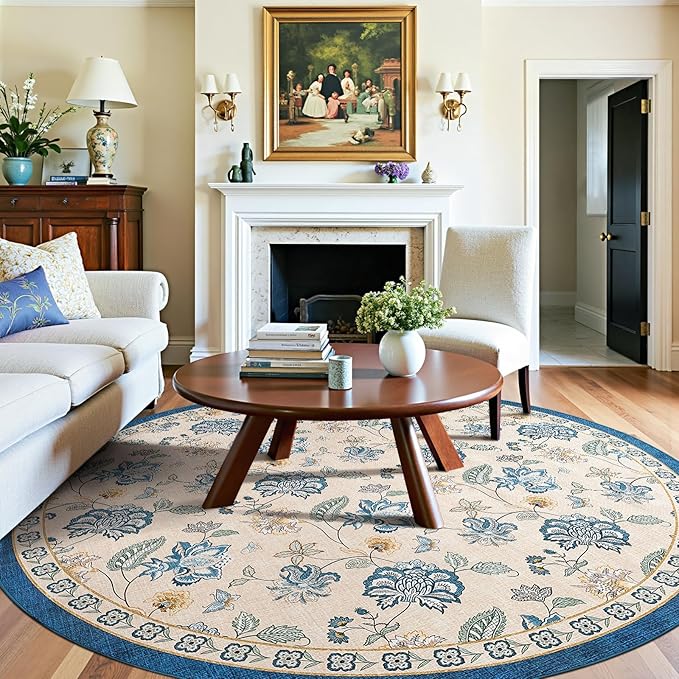 jinchan 7ft Floral Round Rug for Dining Room Washable Living Room Rug Vintage Romance Design Non Slip Indoor Floor Cover Lightweight Low-Profile Throw Carpet for Bedroom Porch Patio, Blue/Beige