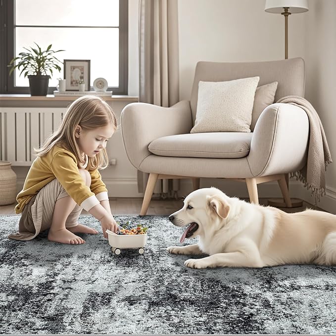 Area Rugs 8x10 Living Room Rugs: Modern Abstract Washable Rug with Non-Slip Backing, Stain Resistant Indoor Floor Large Carpet for Bedroom Dining Room Table Nursery Hallway Home Office Dark Black/Gray