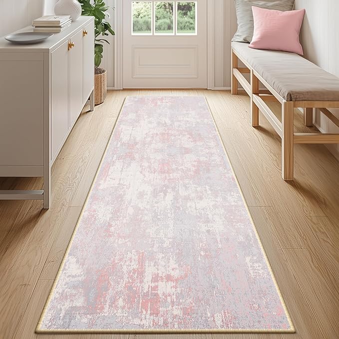 Washable Area Rugs 2'x8' Non-Slip Modern Abstract Soft for Living Room Entryway Bedroom Nursery, Print Pattern, Grey Pink