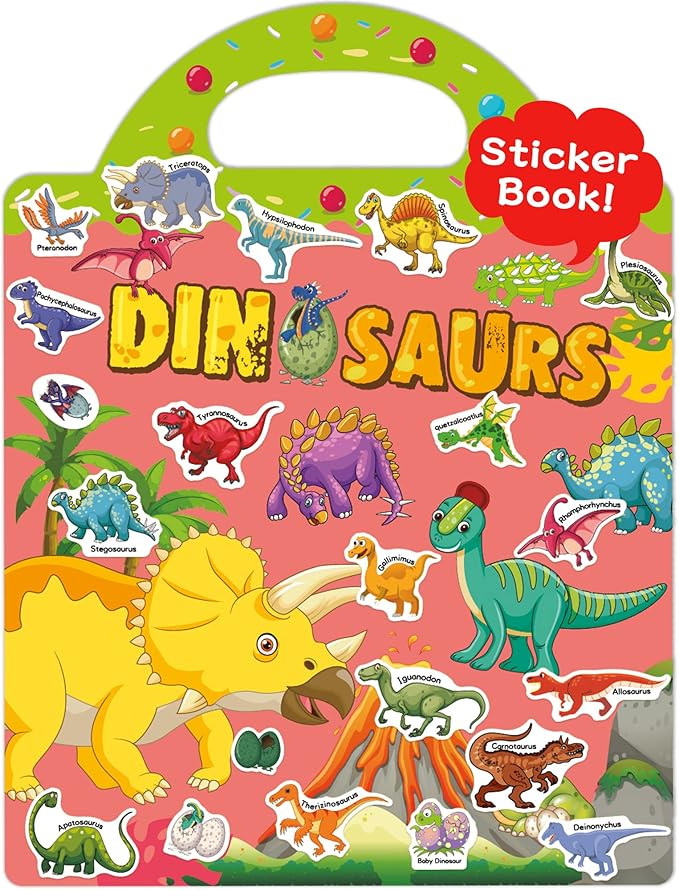 Benresive Reusable Sticker Book for Toddlers 2-4 Years, Fun Travel Stickers for Kids, Waterproof Sticker Books for Toddlers 1-3, Crafts Activities for Todddlers 1-3 2-4 3-5 - Dinosaurs