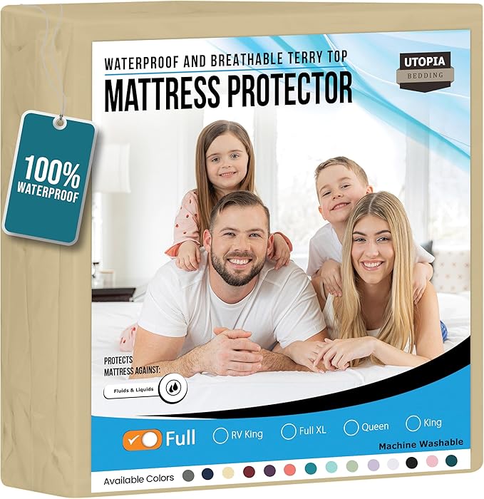 Utopia Bedding Waterproof Mattress Protector Full Size, Premium Terry Mattress Cover 200 GSM, Breathable, Fitted Style with Stretchable Pockets (Beige)