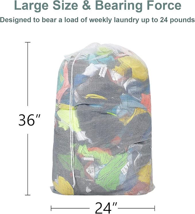 Laundry Bags, Mesh Heavy Duty 24" x 36" with Drawstring Closure, 3-Pack, White