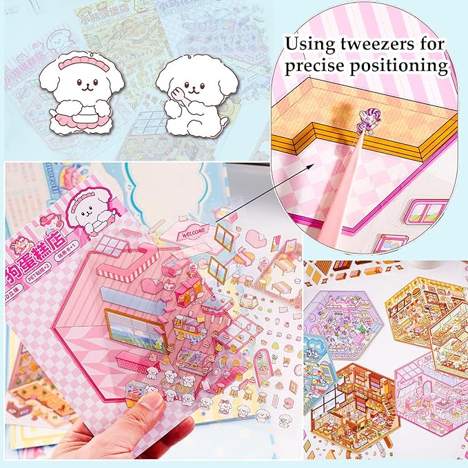 DIY 3D House Sticker, 6 Sets of Sticker Make Your Own Mini Shop Scenes Stickers for Kids Kawaii Cartoon Scene Stickers for Adult Relief Stress Pass The Time