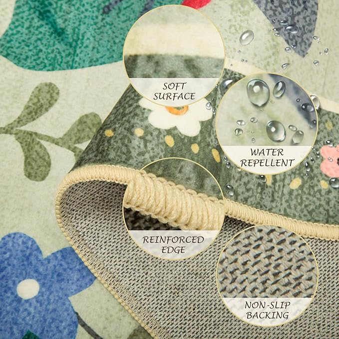 Floral 5x7 Area Rug Machine Washable Soft Print Boho Carpet Non Slip Doormat Low Pile Flower Area Rugs for Living Room Bedroom Nursery Kitchen Dining Room Indoor-Light Green