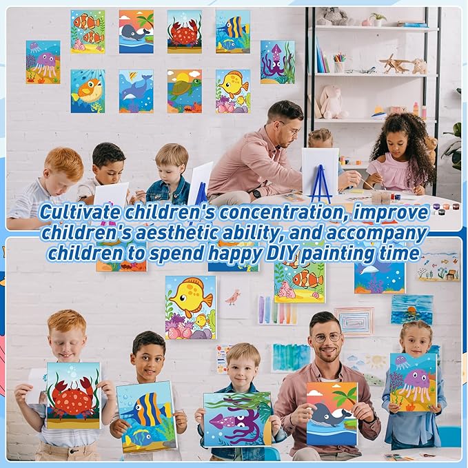 Blosssound 10 Set Pre Printed Canvas Pre Drawn Canvas Painting with Easel Kits 5" x 7" Outline Painting Panels for Beginners, DIY Craft Project, Party Favor, Home Decors(Ocean)