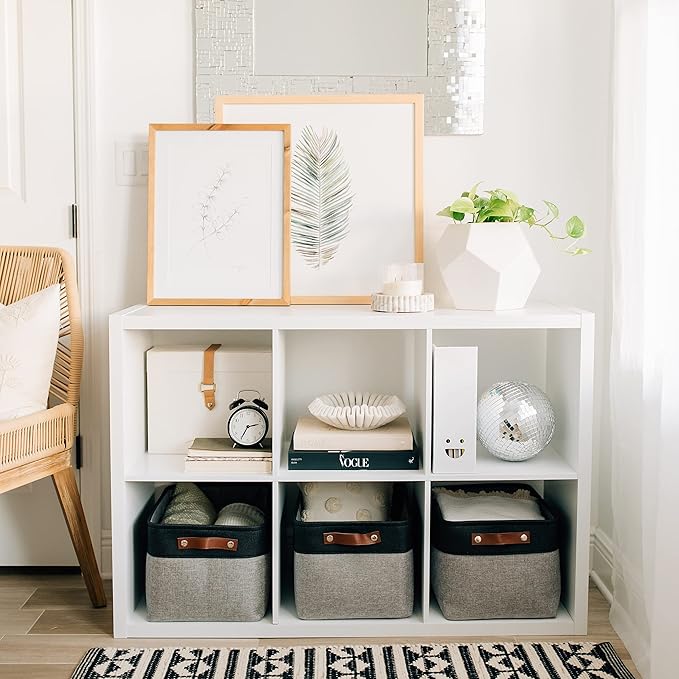 OrganiHaus Large Fabric Storage Baskets for Shelves 3 Pack | 15x11in Closet Storage Bins for Shelves | Clothes Storage Bins for Organizing | Linen Closet Organizers | Fabric Basket, Gray/Black