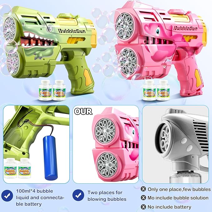 2 Pack Bubble Guns for Kids, Rechargeable LED Light Up Dinosaur Bubbles Machine Blower with 4 Bottles Refill Solution for Toddlers 4-8, Wedding Party Birthday Gift