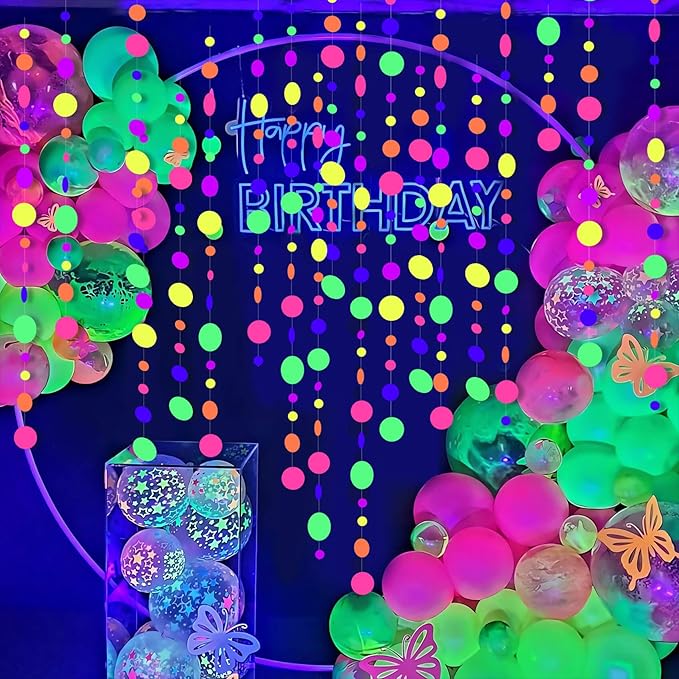 108ft UV Round Dot Neon Paper Streamers - Glow in The Dark Party Favors & Decorations for Wedding & Birthday Parties