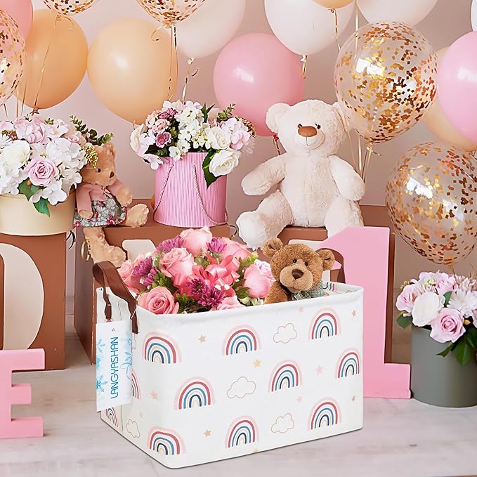 LANGYASHAN Rectangular Storage Bin Collapse Canvas Fabric Cartoon Storage Basket with Handles for Organizing Home Kitchen Boys and Girls Toys Office Closet Shelf Baskets(Rec Cloud Rainbow)